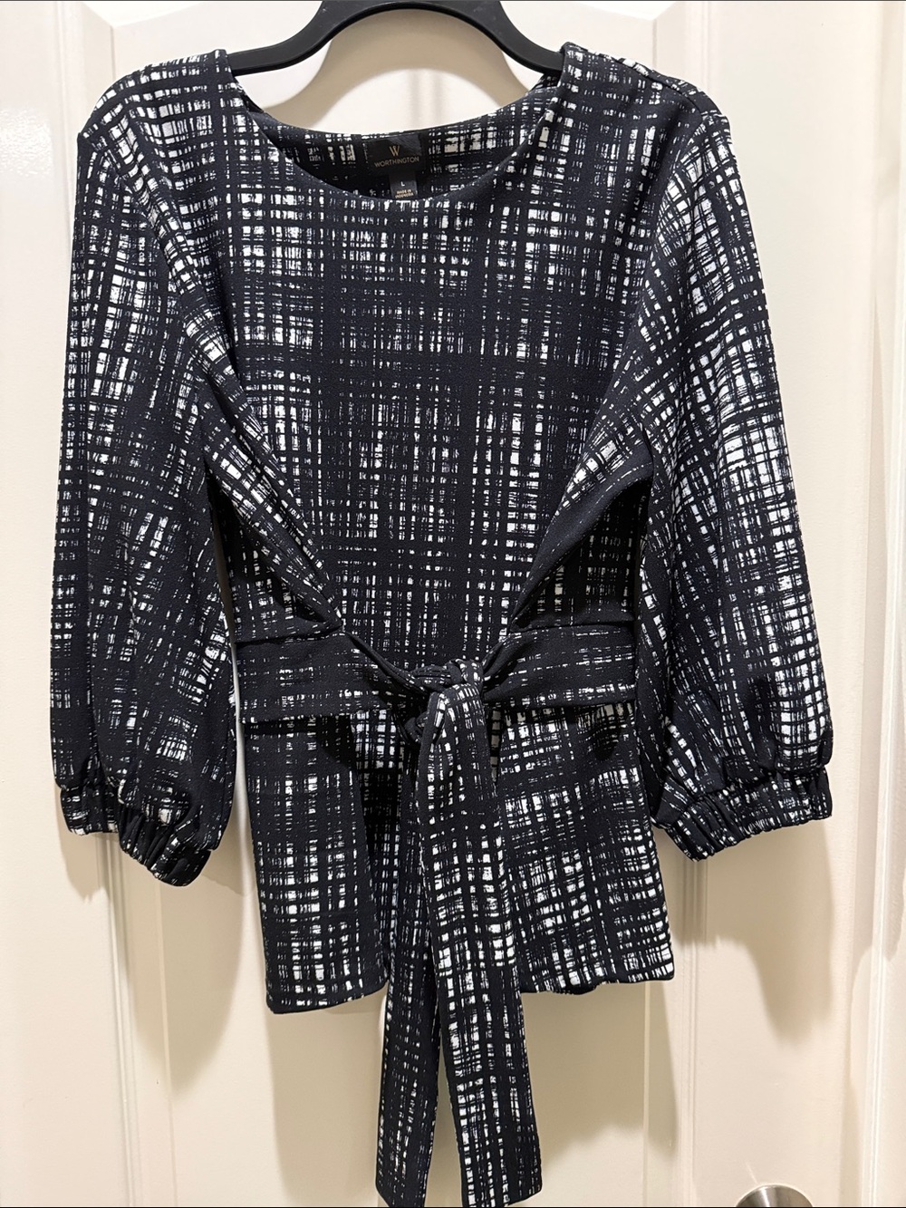 Worthington Career Tie- Front 3/4 sleeve Pullover Plaid Blouse Large